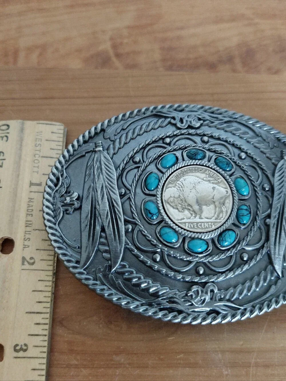 Southwestern Feather Buffalo Nickel Coin with Faux Turquoise Stone Belt Buckle